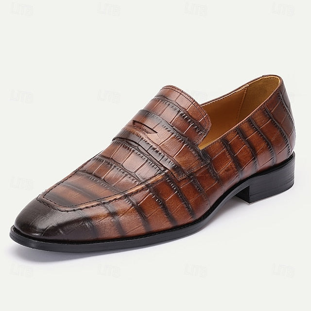Brown - Men's Dress Leather Shoes Crocodile Pattern Classic