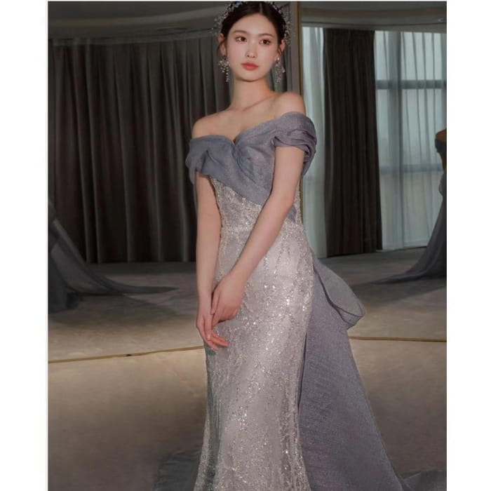 Off-Shoulder Paneled Lace Mermaid Evening Gown