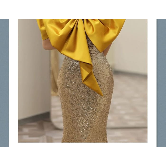 Off-Shoulder Sequin Bow Accent Open Back Mermaid Evening