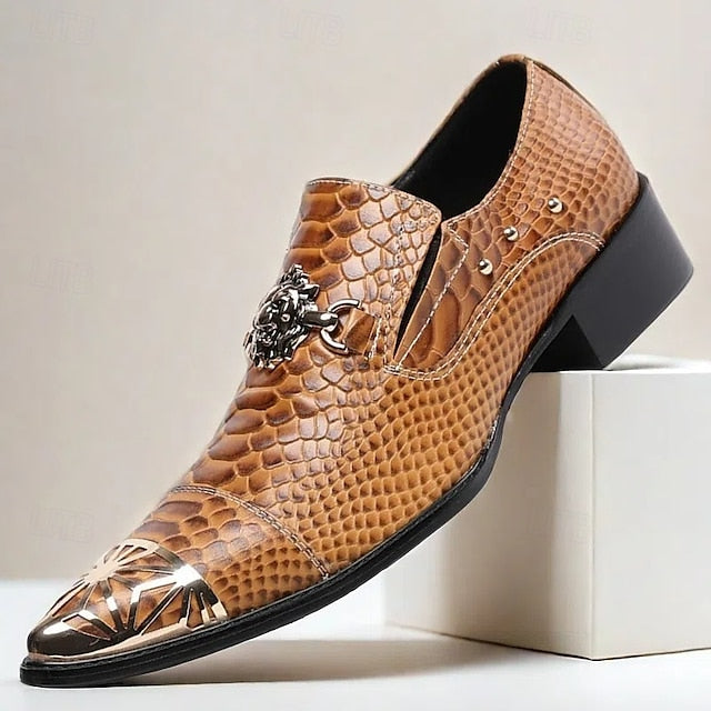 Slip-On Men's Leather with Pattern Metal Snake Brown Shoes