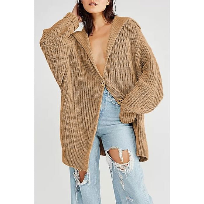 One-Button Sailor-Collar Loose Cardigan in 5 Colors - Khaki