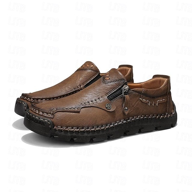with Leather Brown Men's Side Faux Slip-On Zipper Loafers