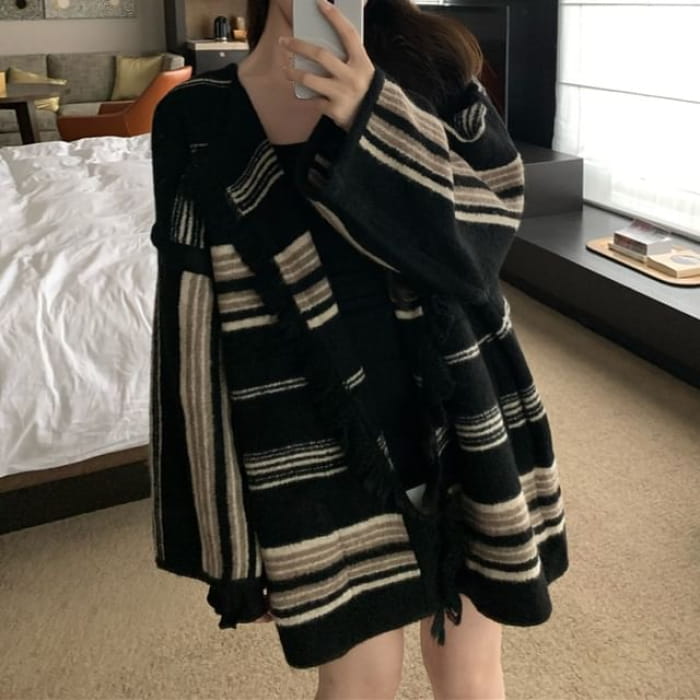 Open Front Striped Cardigan - Black / M