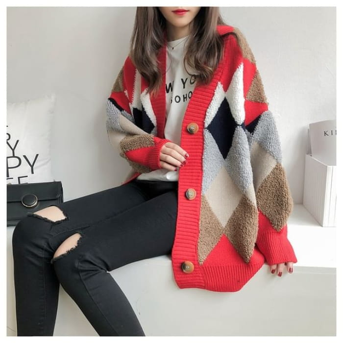 Oversized Argyle V-Neck Cardigan in 5 Colors - Red