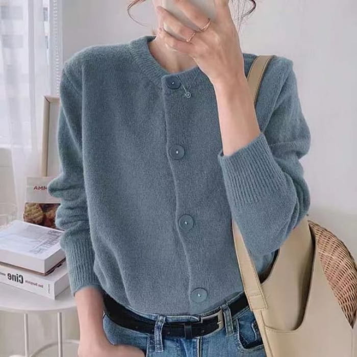 Oversized Crew-Neck Cardigan in 5 Colors - Grayish Blue