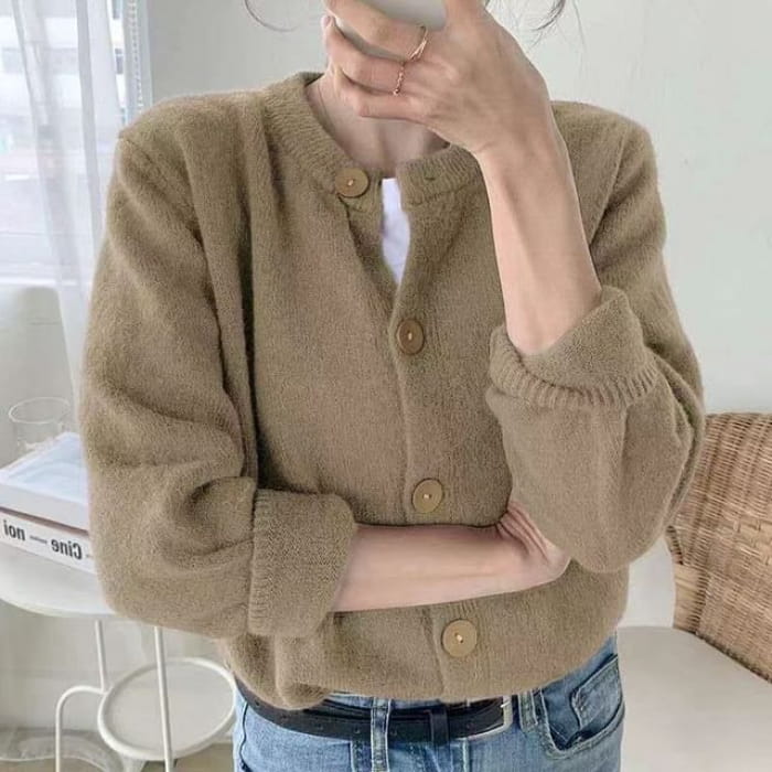 Oversized Crew-Neck Cardigan in 5 Colors - Khaki / One Size