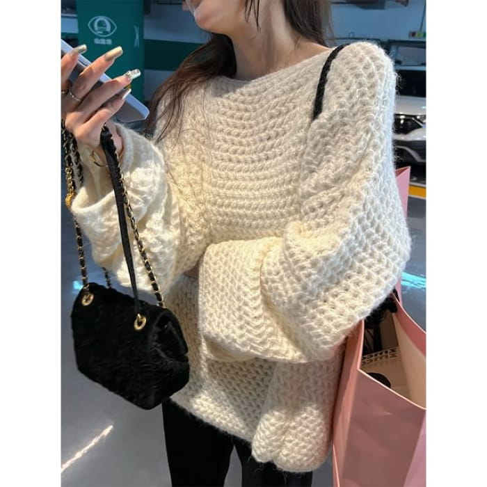 Oversized Crochet-Knit Sweater in 5 Colors - White