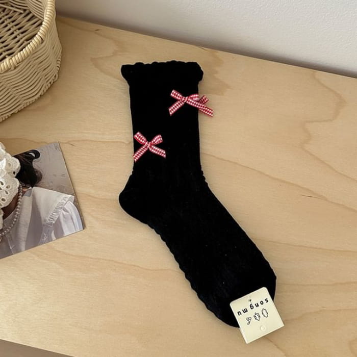 Patterned / Bow Accent Socks - 2 Red - Black / One Size