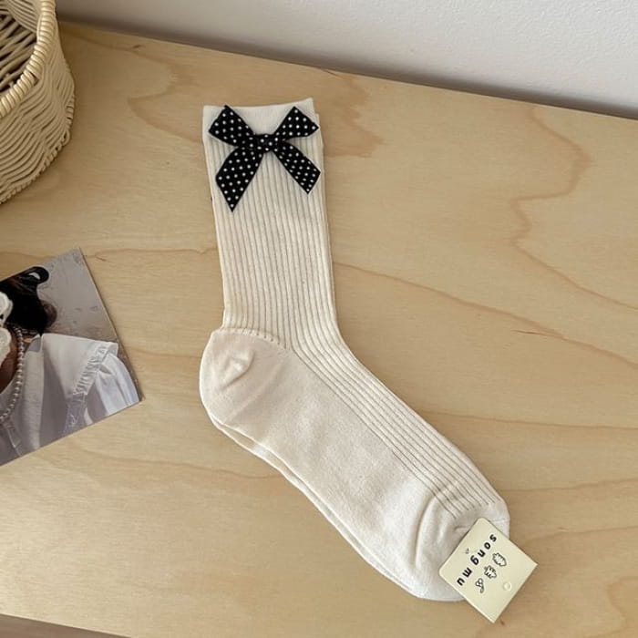 Patterned / Bow Accent Socks - Black - White / One Size