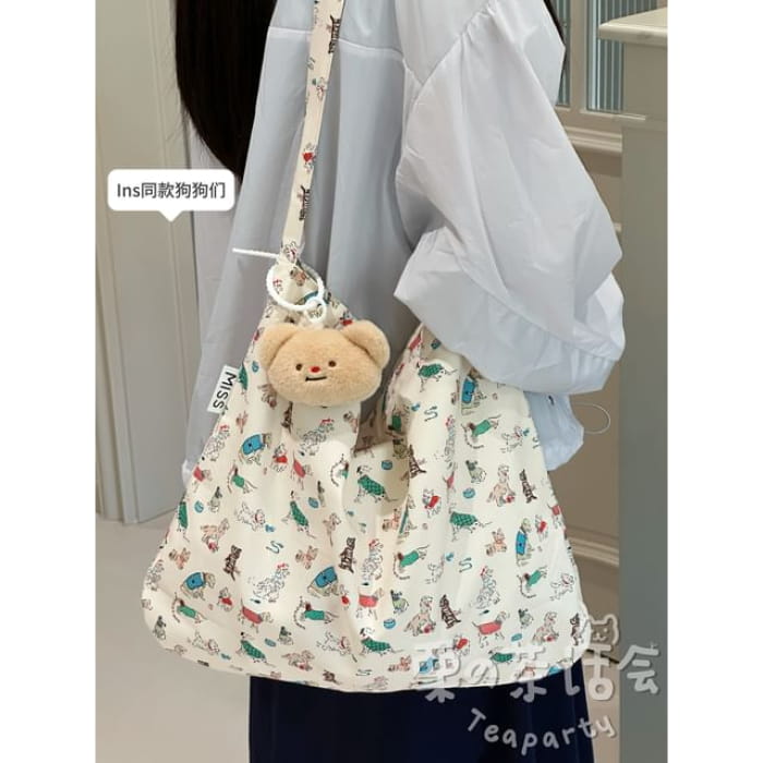 Patterned Crossbody Bag / Charm / Set - With Bear Head