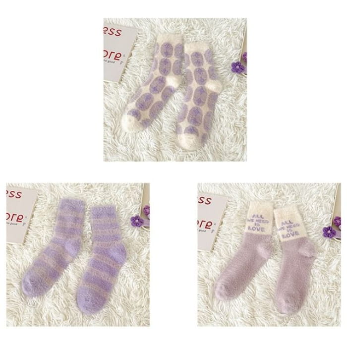 Patterned Fluffy Short Socks Set - 3 Pairs - Oval & Stripes