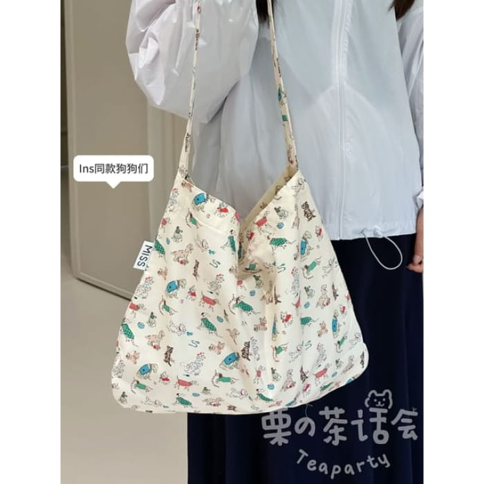 Patterned Tote Bag / Charm / Set - Multicolor Dog - Beige