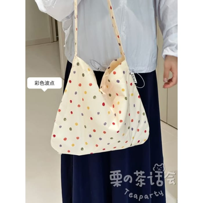 Patterned Tote Bag / Charm / Set - Multicolor Dot - Beige