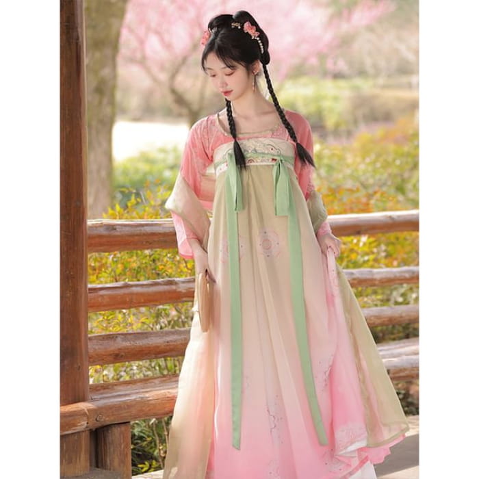 Patterned Traditional Chinese Costume Set - Pink / S