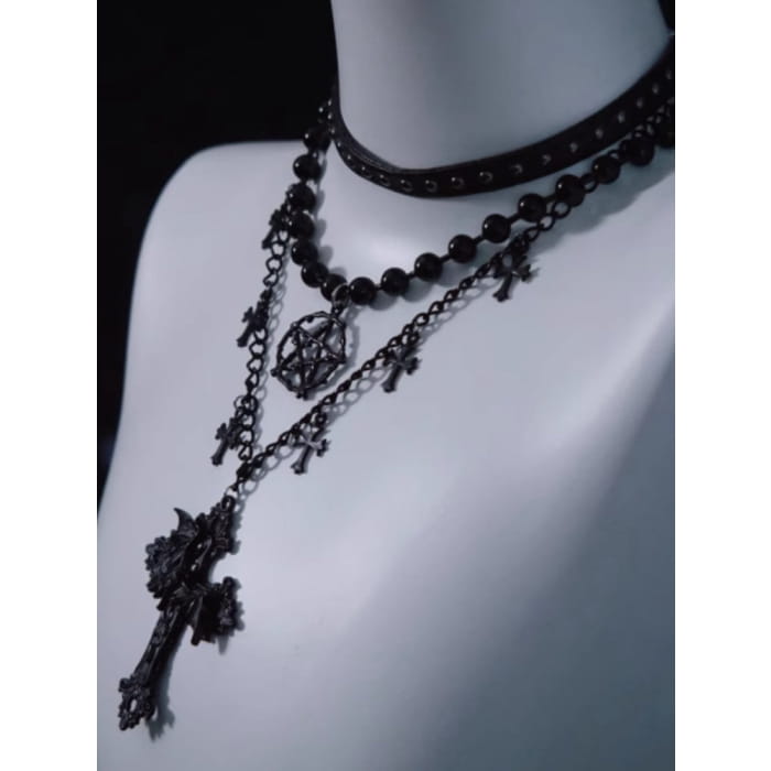 Pentagram Cross Pendant Black Triple Layered Necklace