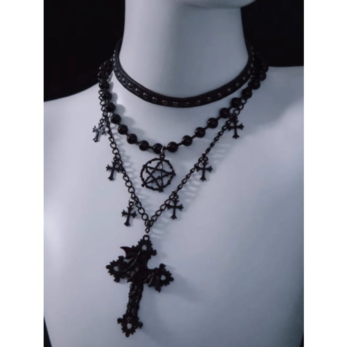 Pentagram Cross Pendant Black Triple Layered Necklace