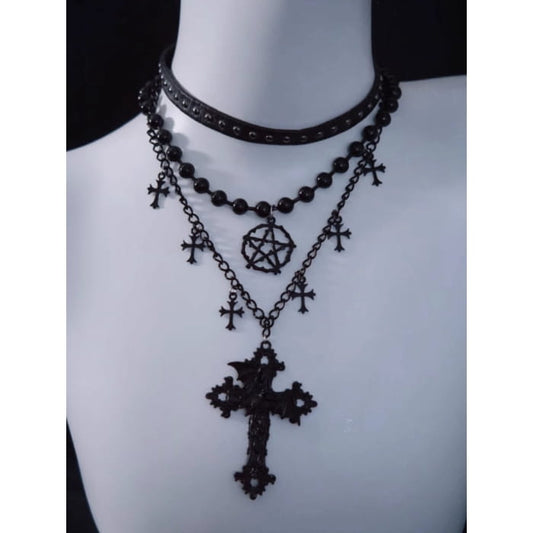 Pentagram Cross Pendant Black Triple Layered Necklace
