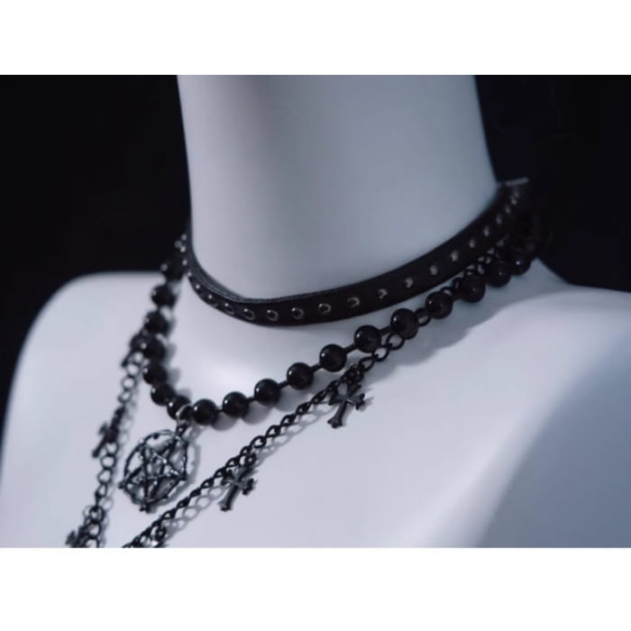Pentagram Cross Pendant Black Triple Layered Necklace