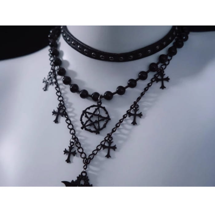 Pentagram Cross Pendant Black Triple Layered Necklace
