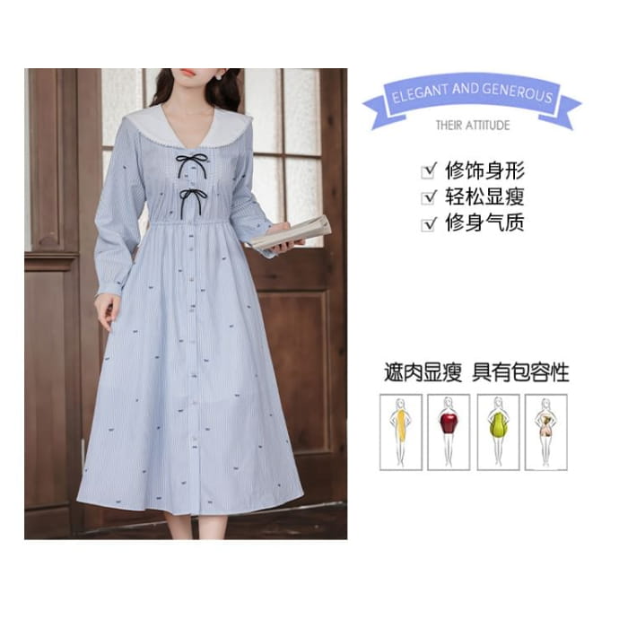 Peter Pan Collar V-Neck Bowknot Striped Midi A-Line Dress