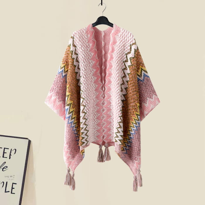 Pink Boho Tassel Shawl Wrap Slip Dress - M