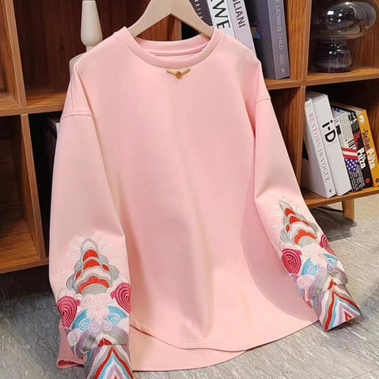 Pink Embroidery Round Collar Sweatshirt - S
