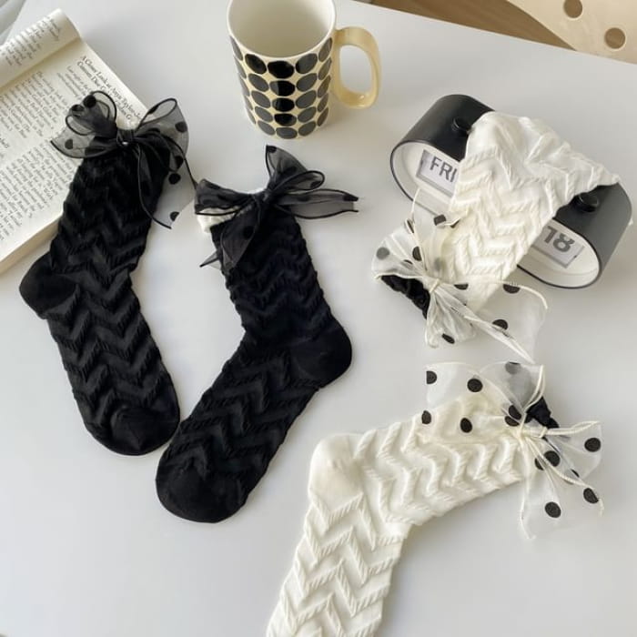 Plaid Bow Socks Set - Of 2 Pairs - Wavy Stripes - Black &