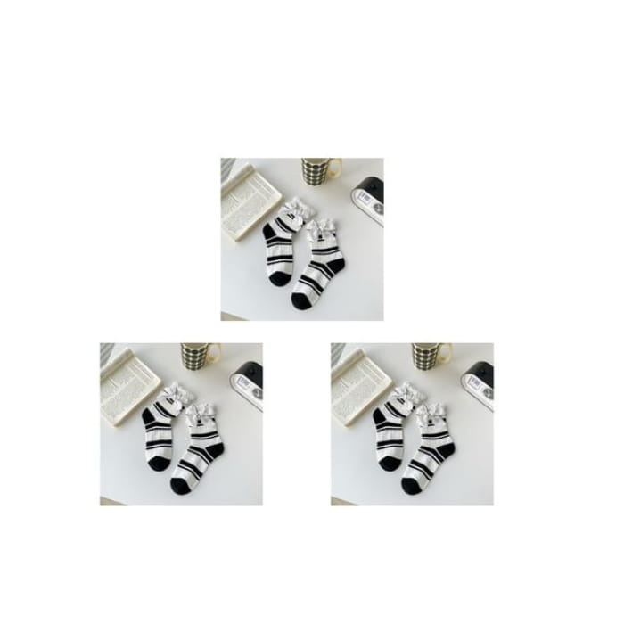 Plaid Bow Socks Set - Of 3 Pairs - Black Stripes - White