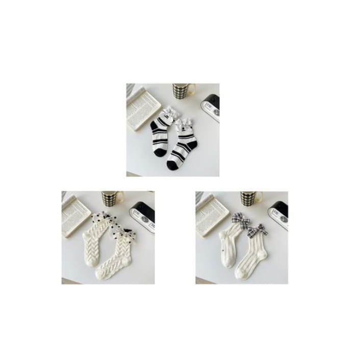 Plaid Bow Socks Set - Of 3 Pairs - Black Stripes - White &