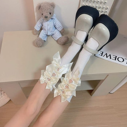 Plain Bow Cutout Tall Socks - Beige - White / One Size