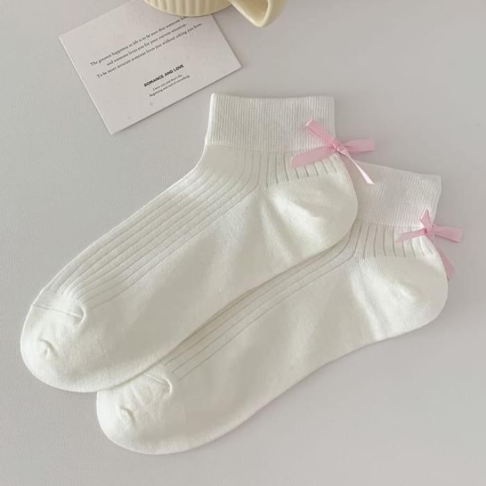 Plain Bow Socks - Short Edition - Pink - White / 35 To 40