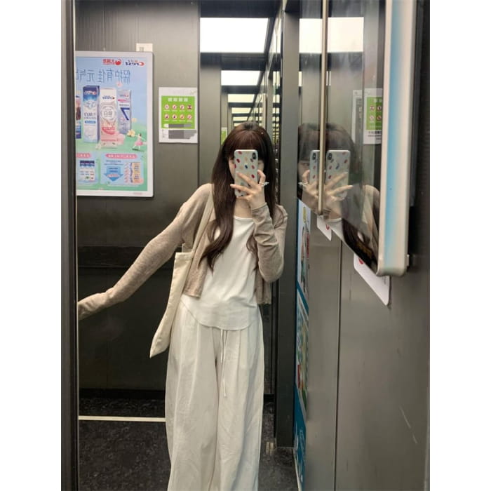 Plain Cardigan / Scoop Neck Cami Top / Drawstring Waist