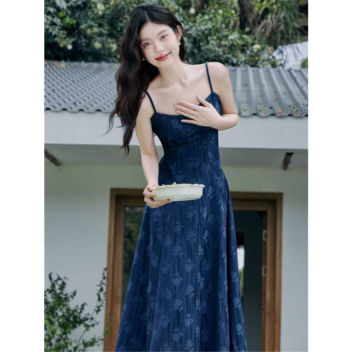 Plain Cardigan / Spaghetti Strap Floral Denim Maxi