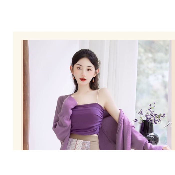 Plain Crop Cami Top / Long Cardigan / High Waist Striped