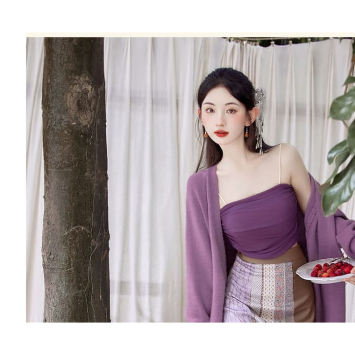 Plain Crop Cami Top / Long Cardigan / High Waist Striped