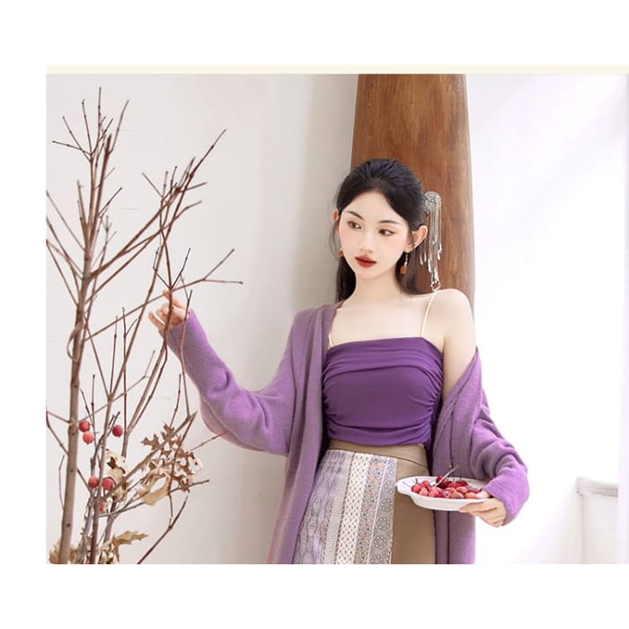 Plain Crop Cami Top / Long Cardigan / High Waist Striped