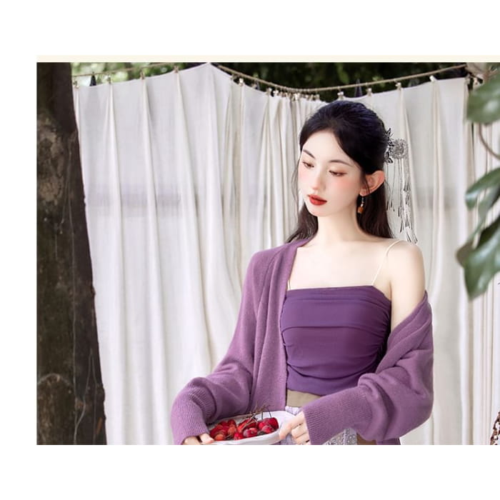 Plain Crop Cami Top / Long Cardigan / High Waist Striped