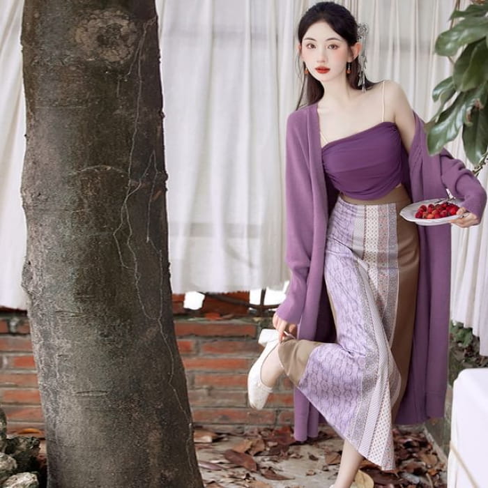 Plain Crop Cami Top / Long Cardigan / High Waist Striped