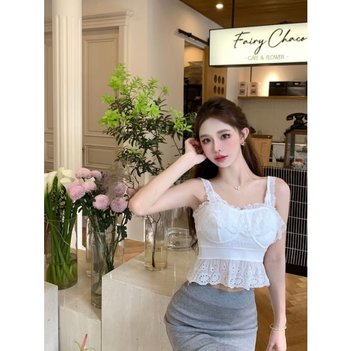 Plain Embroidered Eyelet Peplum Panel Lace Camisole Top