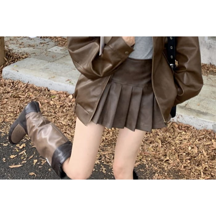 Plain Faux Leather Zip Jacket / High Rise Pleated Mini