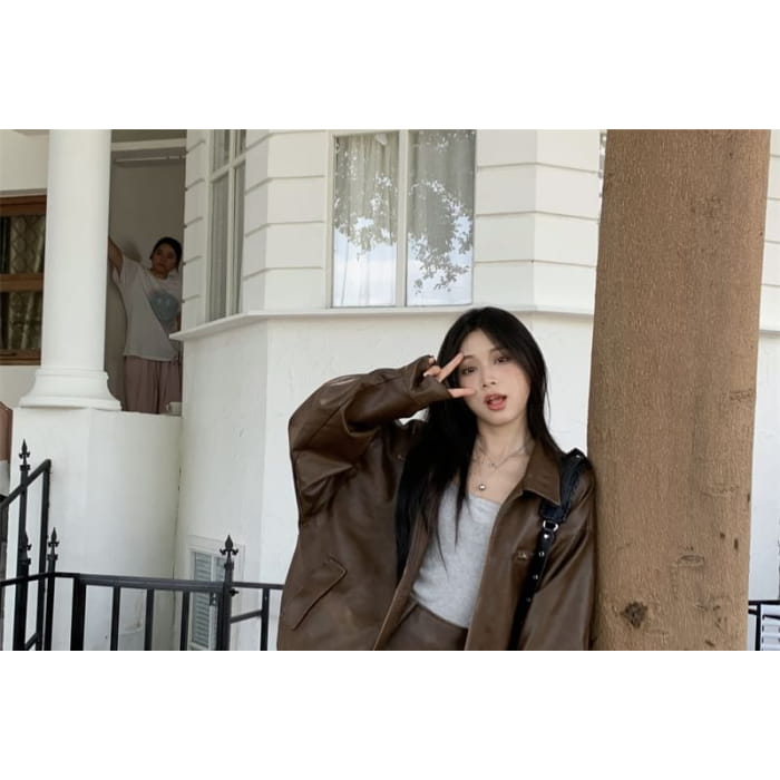 Plain Faux Leather Zip Jacket / High Rise Pleated Mini