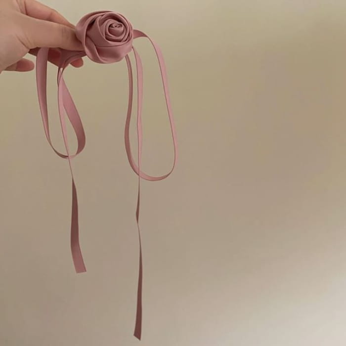 Plain Flower Satin Choker - Necklace - Pink / One Size