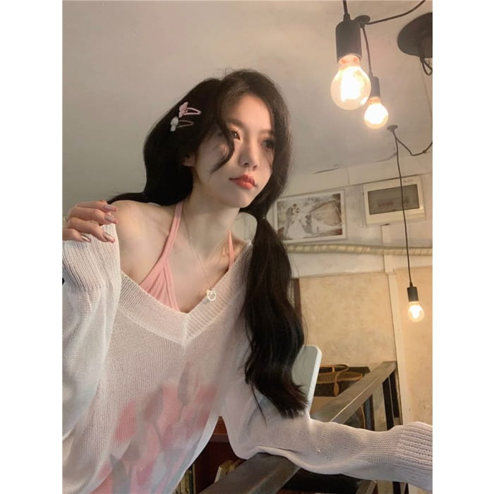 Plain Halter Top / V - Sweater - White / L