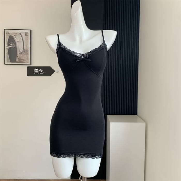 Plain Lace Trim Chemise - Black / S