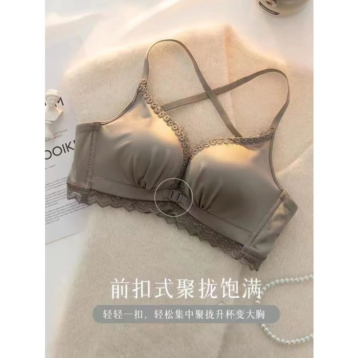 Plain Lace Trim Front Closure Wireless Bra / Panty / Set
