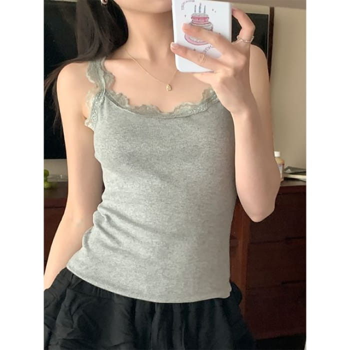 Plain Lace Trim Lettuce Edge Camisole Top - Gray / One Size