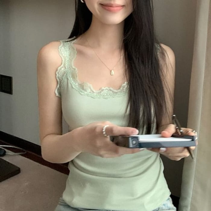 Plain Lace Trim Lettuce Edge Camisole Top - Green / One Size