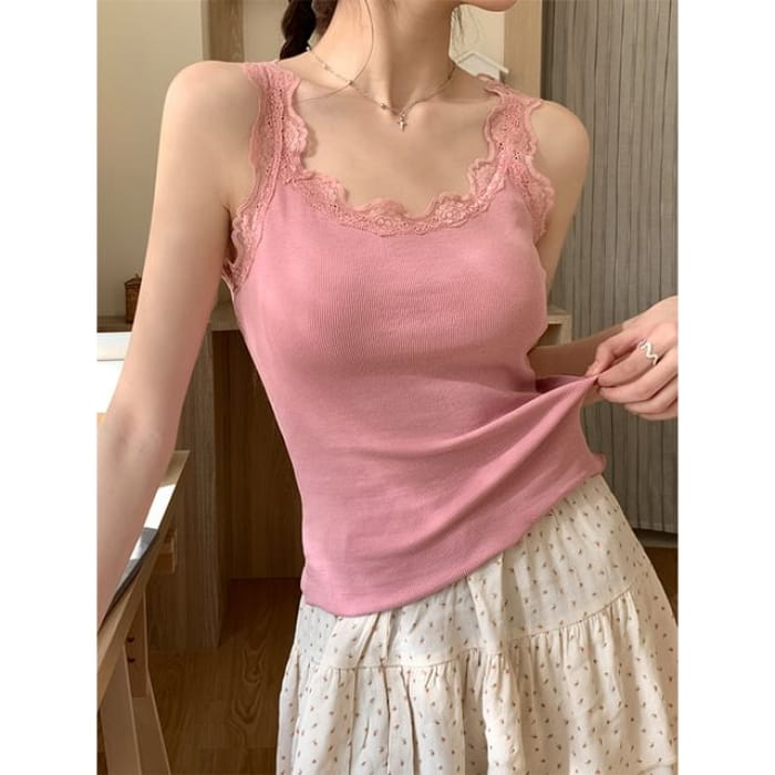 Plain Lace Trim Lettuce Edge Camisole Top - Pink / One Size