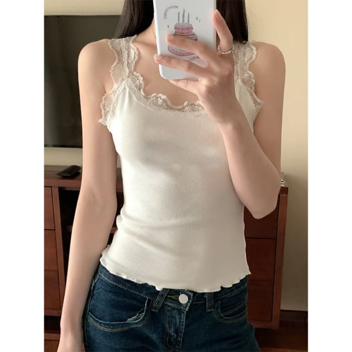 Plain Lace Trim Lettuce Edge Camisole Top - White / One Size