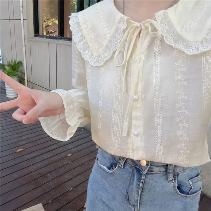 Plain Lace Trim Shirt / Single-Breasted Vest - Almond